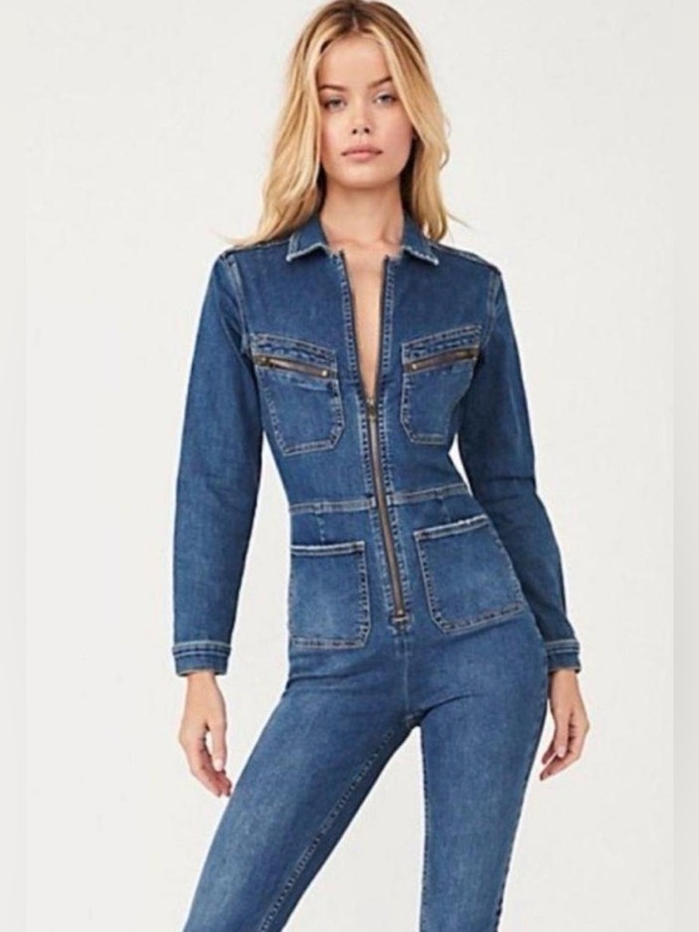 Free People Denim Blue Zip-Front Jeans Jumpsuit, Sz Large, Like New